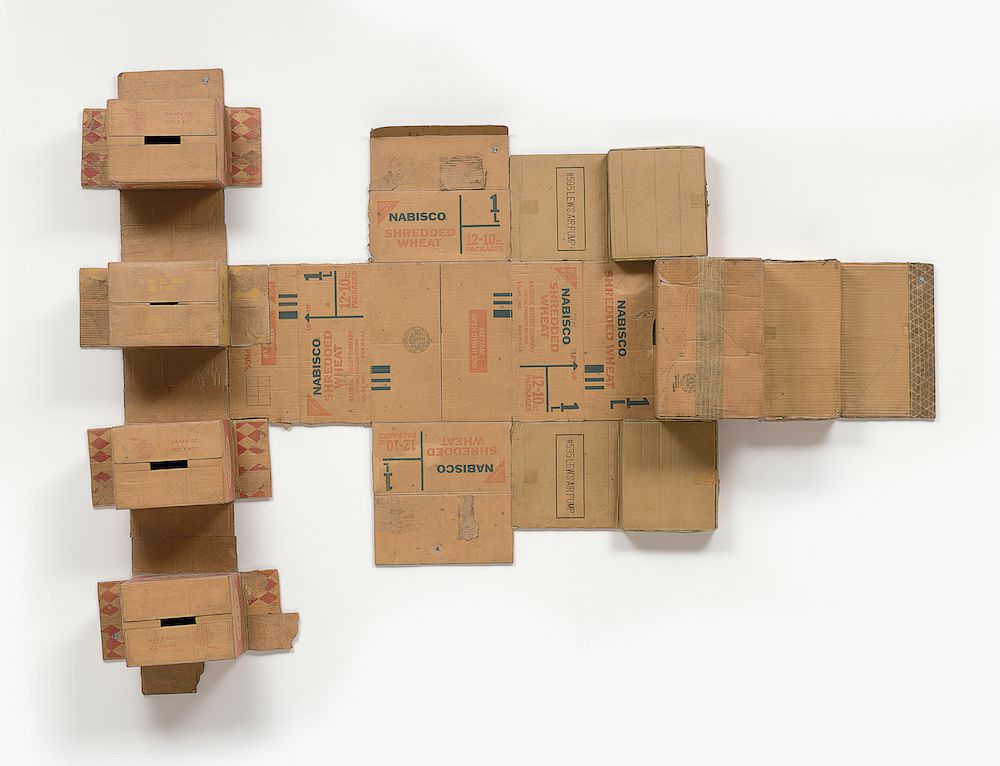 Robert Rauschenberg. Nabisco Shredded Wheat (Cardboard). 1971. Tape and cardboard boxes, 70 in. × 7 ft. 11 in. × 11 in. (177.8 × 241.3 × 27.9 cm). The Museum of Modern Art, New York. Gift of Robert Rauschenberg Foundation, and Committee on Painting and Sculpture Funds. Photo: Jonathan Muzikar. © 2017 Robert Rauschenberg Foundation<br/>
